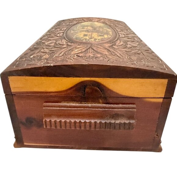 Wooden Jewelry Trinket Box Floral Carving Cottage Scene Mirror Rounded Lid Vtg - Picture 6 of 12